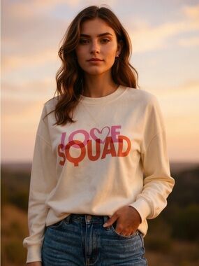 EVEREVE COLLAB “LOVE SQUAD” PINK & ORANGE GRAPIC PRINT CROPPED SWEATSHIRT SZ XS